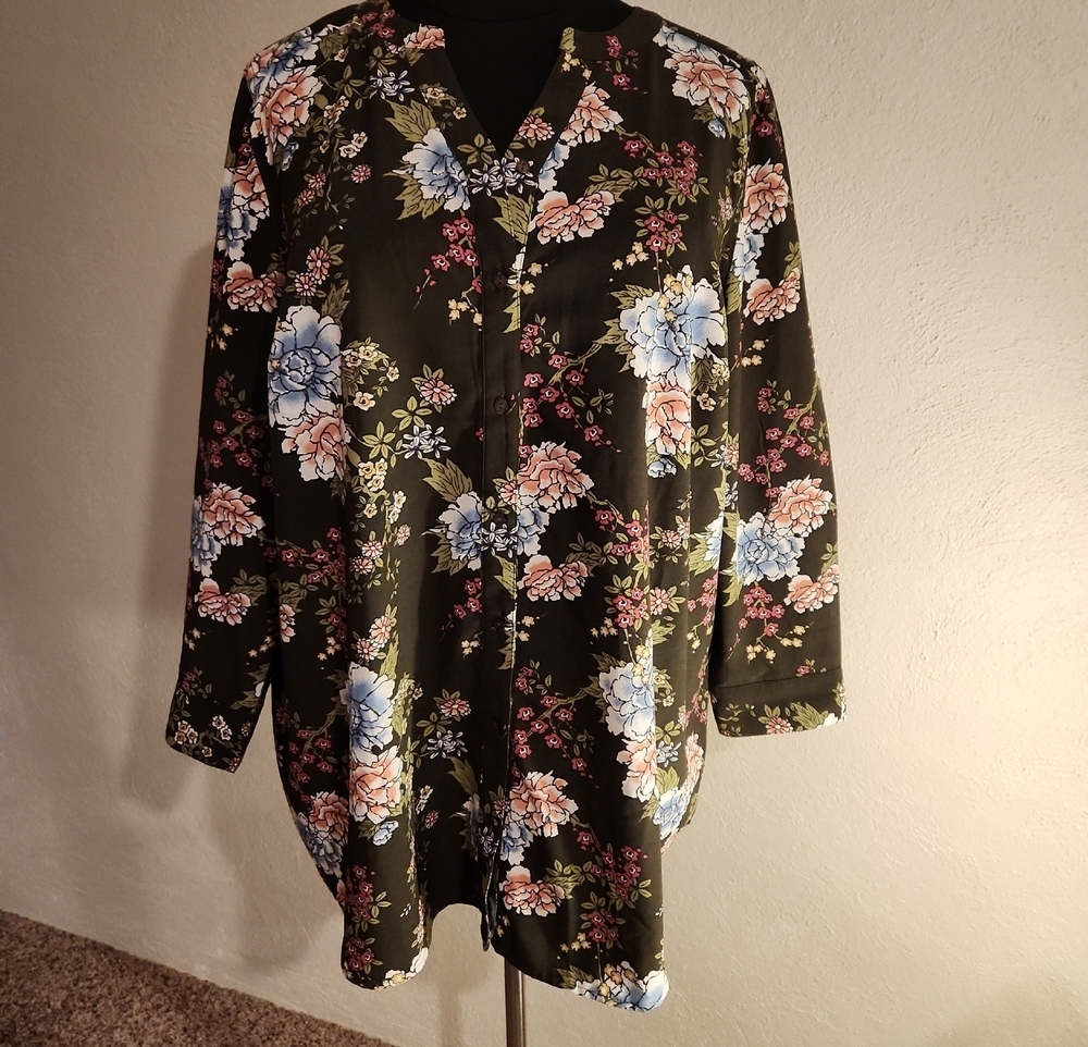 Denim & Co Green Floral Tunic Blouse Large 3X